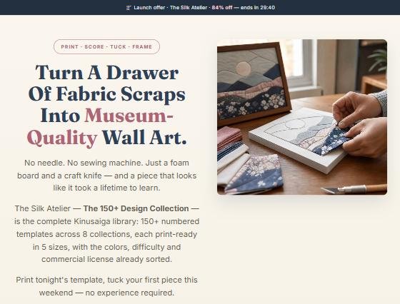 Hands tucking patterned fabric into a scored board, with a framed piece beside the work